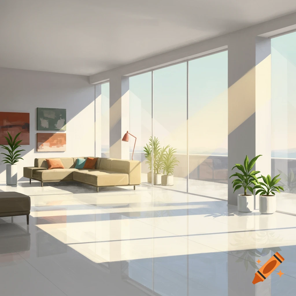 Bright, modern living room with beige L-shaped couch, abstract art, potted plants, and large windows with sunlight on a white tiled floor.