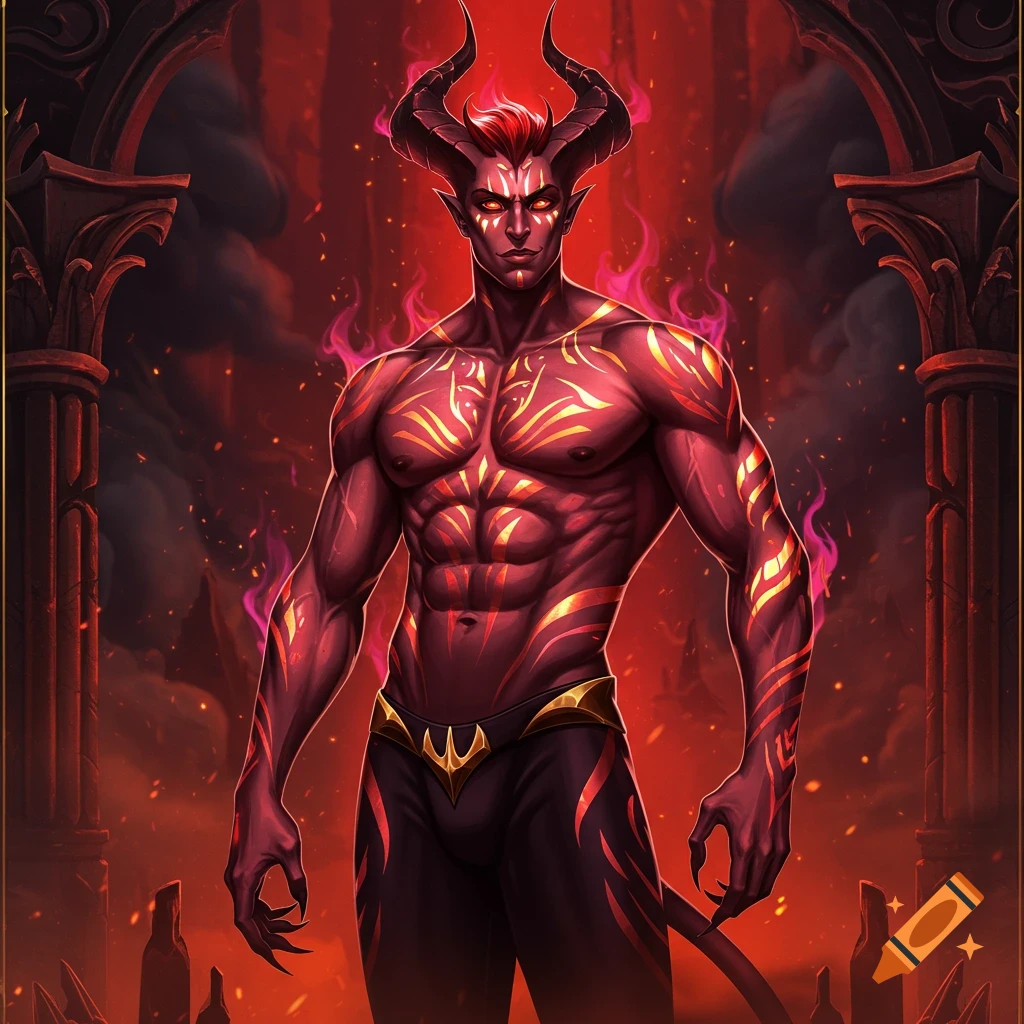 Muscular red-skinned demon with horns, golden tribal markings, and glowing eyes stands in a fiery hellish archway.