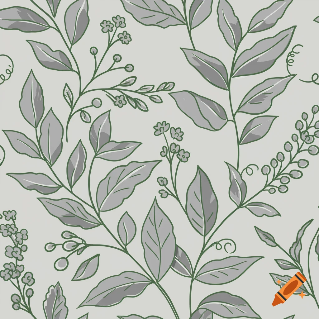 Seamless line-drawing pattern of gray leaves and green berries/flowers on a light gray background.
