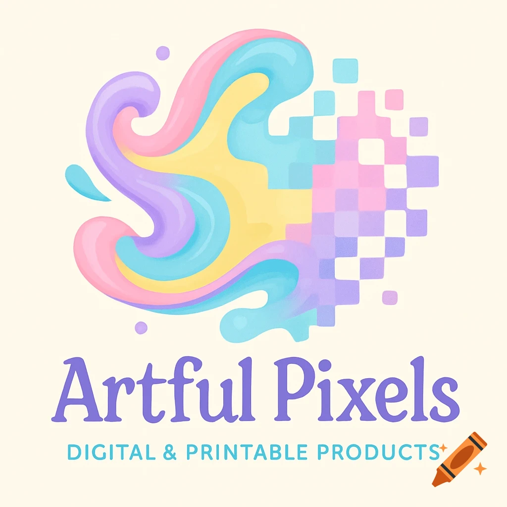 Pastel logo for 'Artful Pixels' with a colorful swirl of pink, purple, yellow, and blue blending into pixels and text 'Digital & Printable Products'.