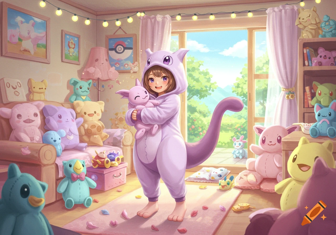 A girl in a purple Mewtwo kigurumi holds a pink plushie in a pastel room full of Pokemon plushies, anime style.
