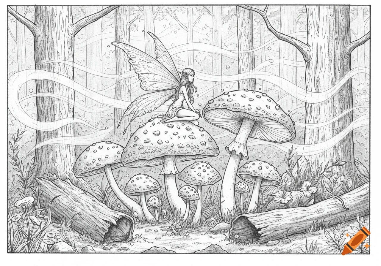 Line art coloring page of a fairy sitting on a mushroom in a forest with trees and fallen logs.