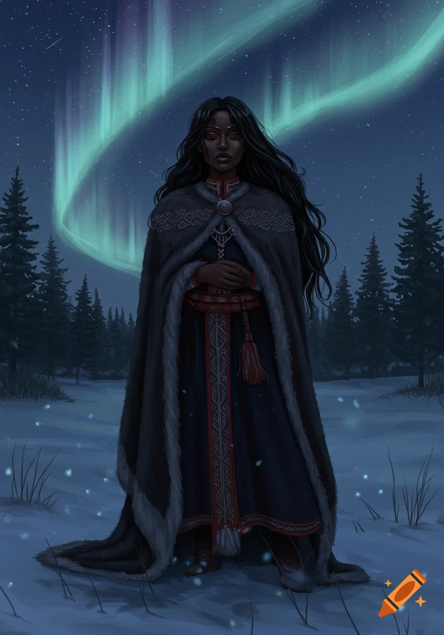 Illustration of a dark-haired woman in a fur-trimmed cloak and patterned dress, standing in a snowy forest under the green aurora borealis.