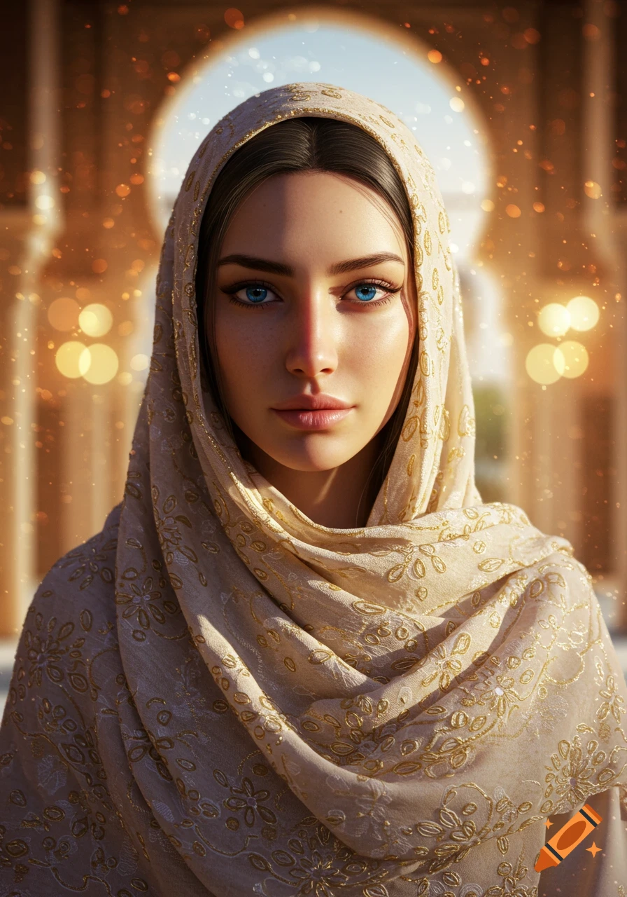 Photorealistic portrait of a woman with bright blue eyes, wearing an embroidered beige hijab against a blurred warm background.