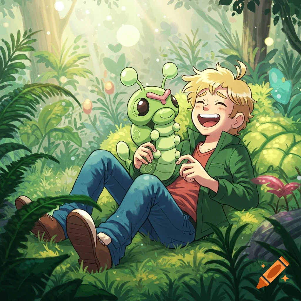 A happy blonde-haired cartoon boy lies in a lush green forest, laughing playfully with a cute green caterpillar-like creature.