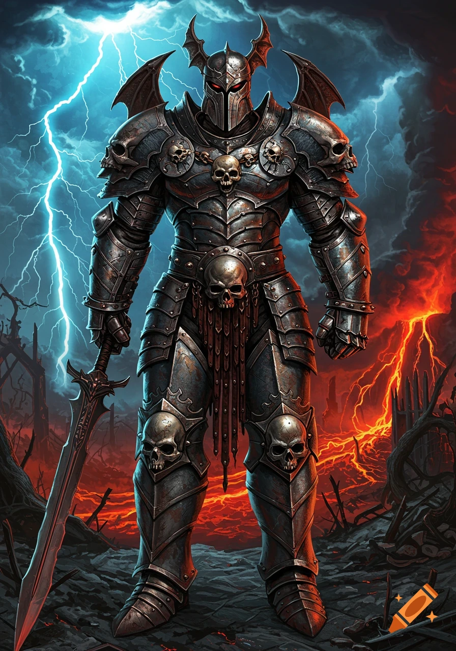 A heavily armored dark knight with skull embellishments and a sword stands amidst lightning and lava in a heavy metal art style.