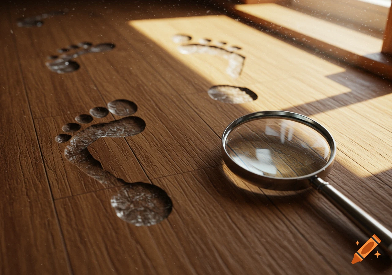Photorealistic image of muddy footprints leading across a sunlit wooden floor, with a magnifying glass resting beside them.