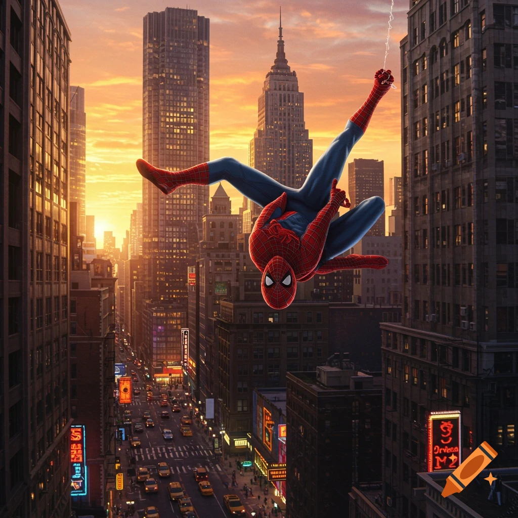 Spider-Man swings upside down between tall city buildings at sunset, overlooking a busy street with cars.