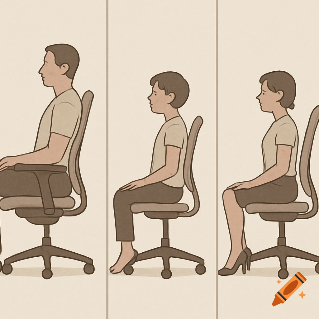 Illustration of three people (man, child, woman) sitting in office chairs, demonstrating ergonomic differences for various leg lengths.