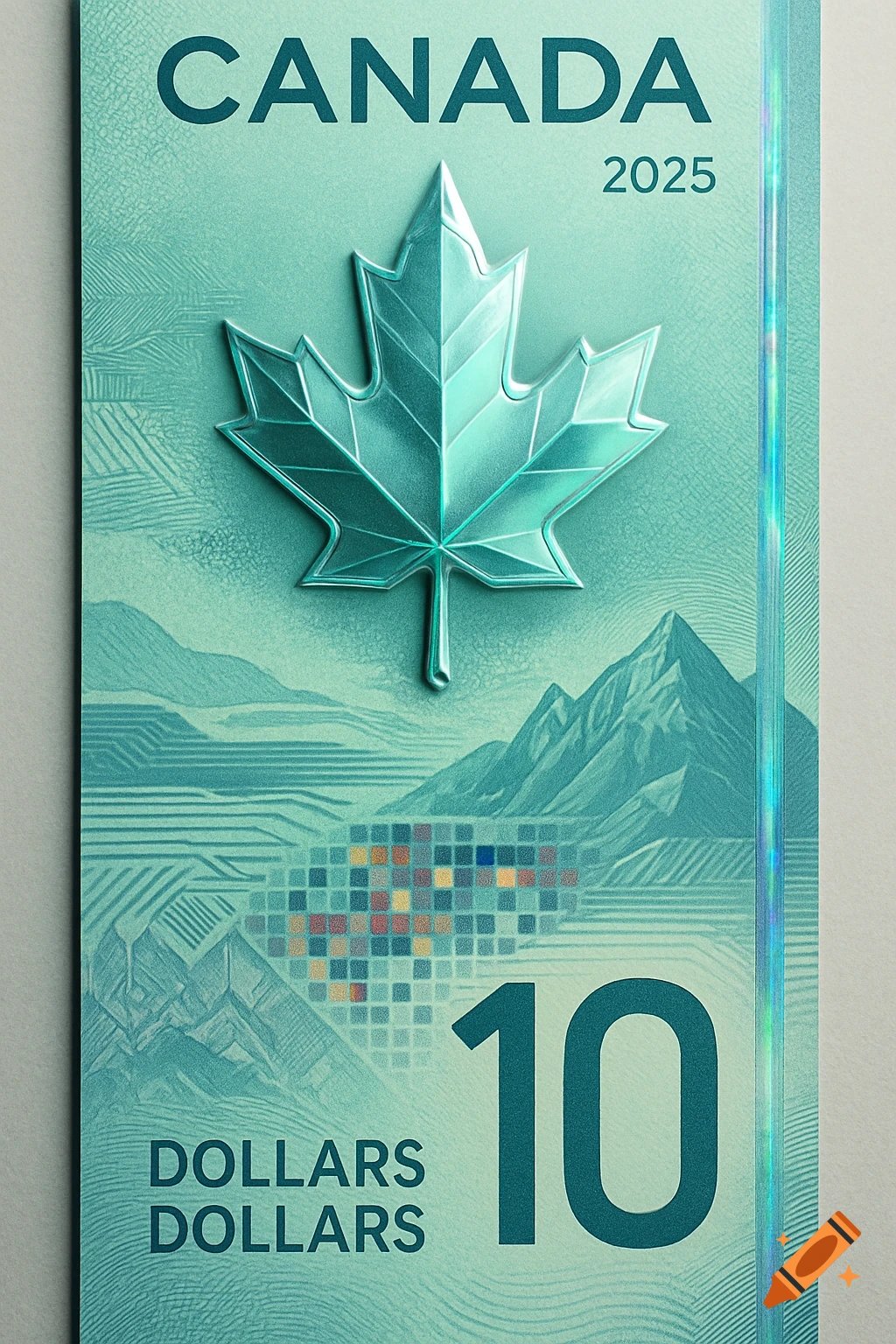 A vertical, modern 10 Canadian dollar bill design featuring a metallic maple leaf, 'CANADA 2025', and '10' on a teal background.