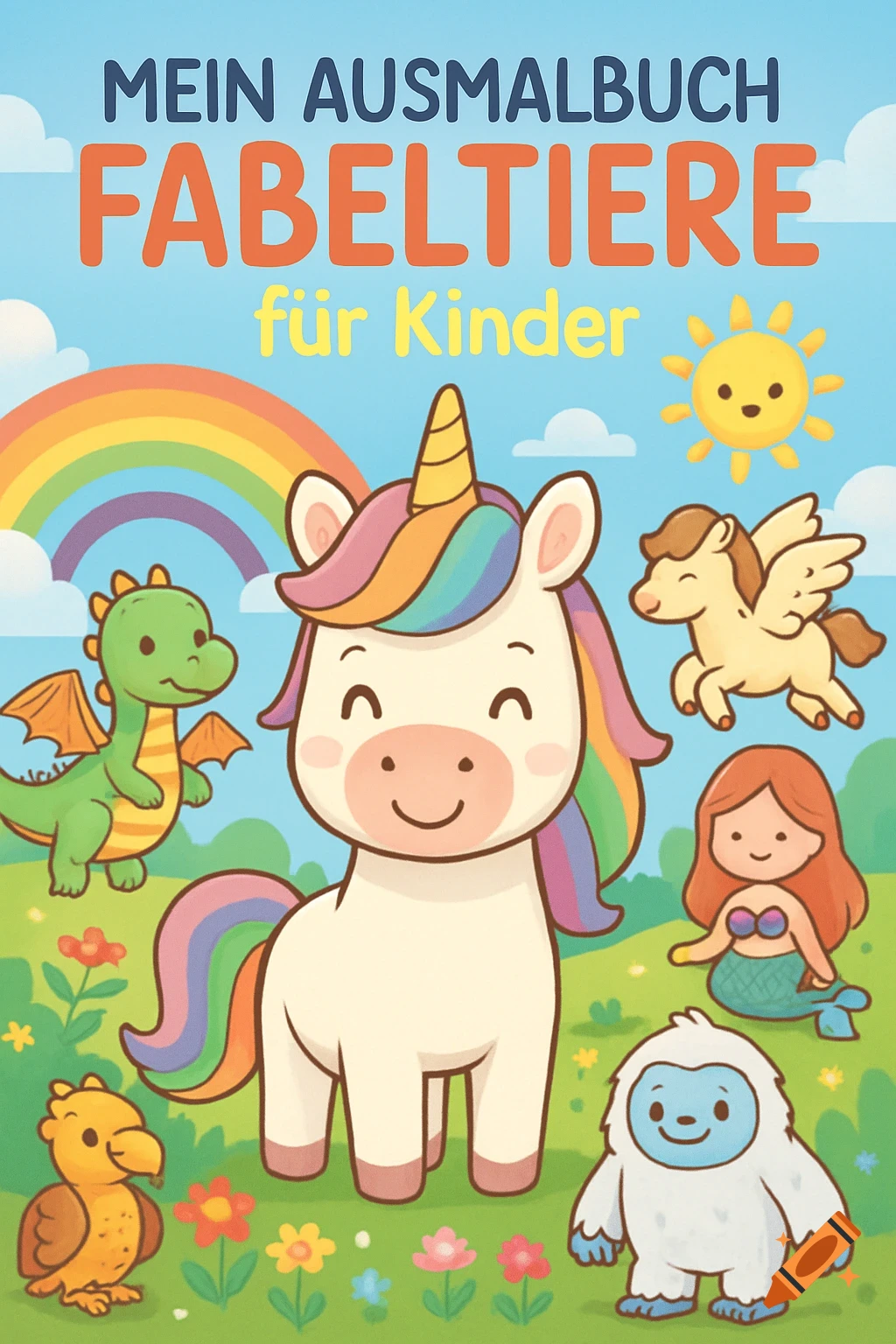 Colorful cartoon cover for a children's coloring book titled 'Mein Ausmalbuch Fabeltiere für Kinder', featuring a unicorn, dragon, pegasus, mermaid, griffin, yeti, rainbow, and sun.