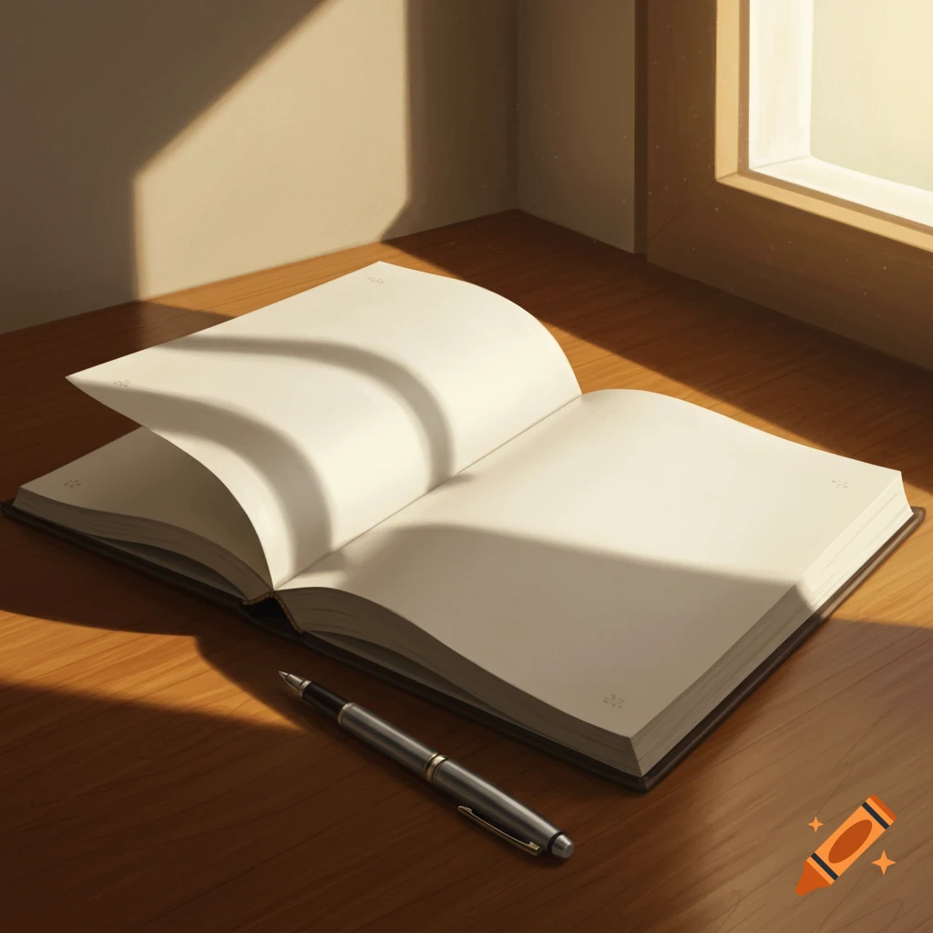 An open book with blank pages and a pen on a wooden desk, illuminated by sunlight from a window.