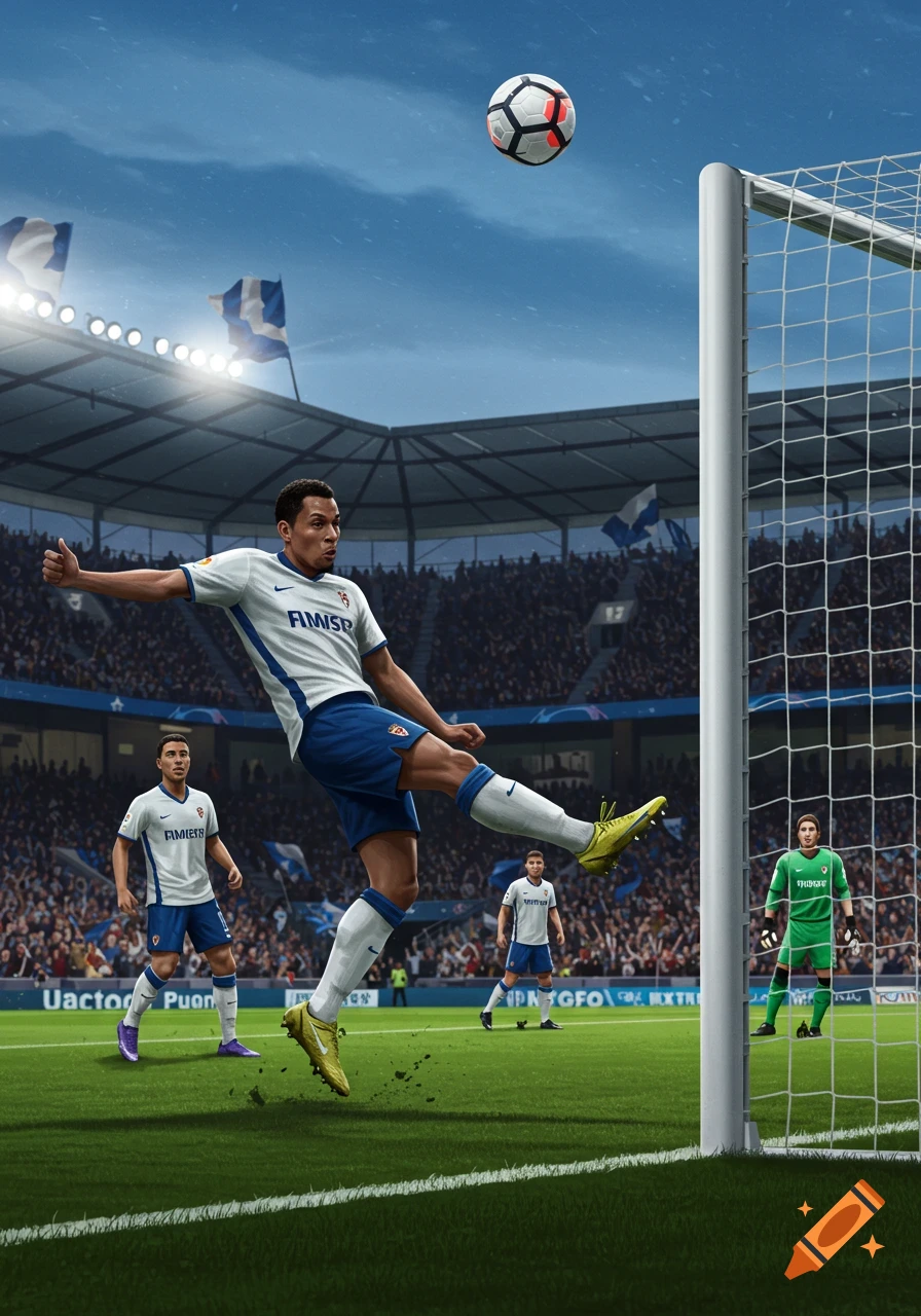 A male soccer player in a white and blue uniform kicks a ball towards the goal in a packed stadium during a match.