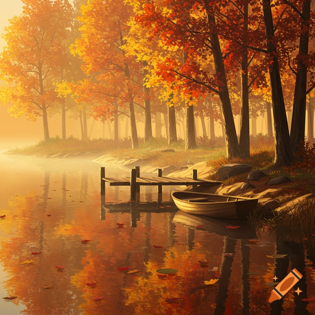 A digital painting of a serene autumn lake scene with vibrant orange and yellow trees, a wooden dock, and a small boat.