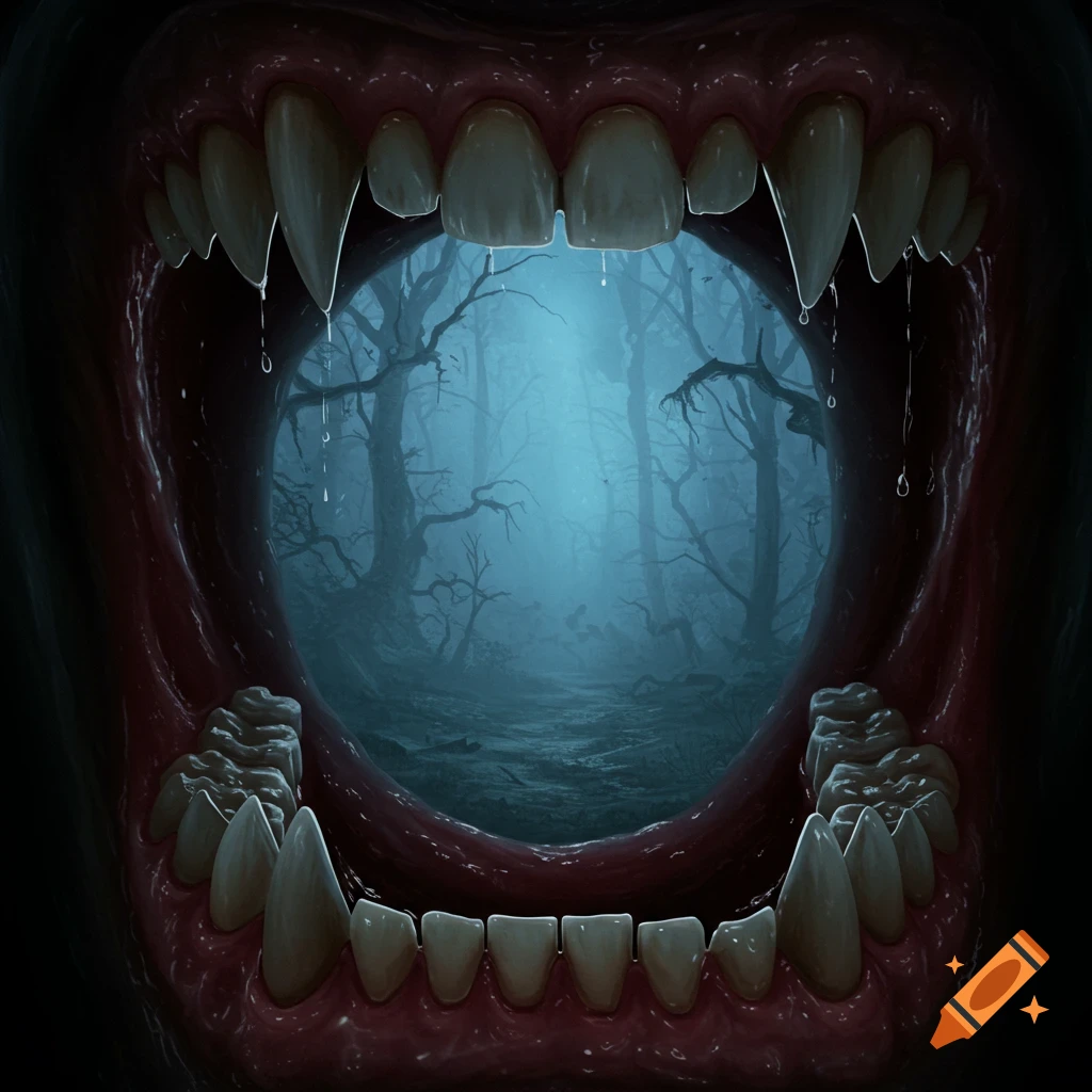 POV looking out of a monstrous mouth with sharp fangs and dripping saliva into a misty, dark forest.