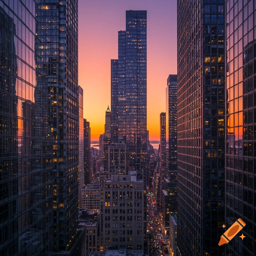Photorealistic cityscape with tall skyscrapers reflecting an orange and purple sunset sky, with a busy street below.