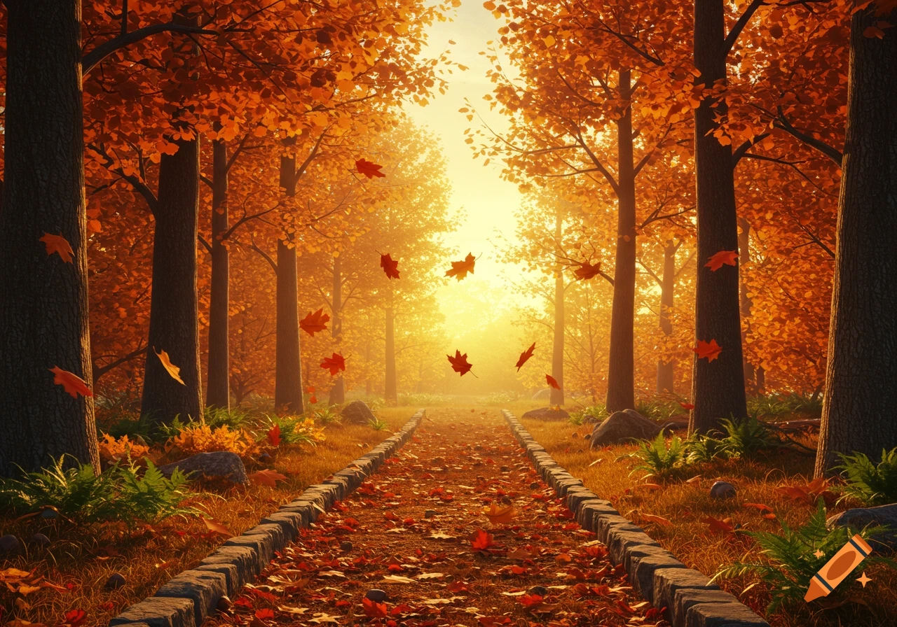 A scenic path through an autumn forest with vibrant orange leaves covering the ground and falling from trees, leading towards a bright, sunny clearing.