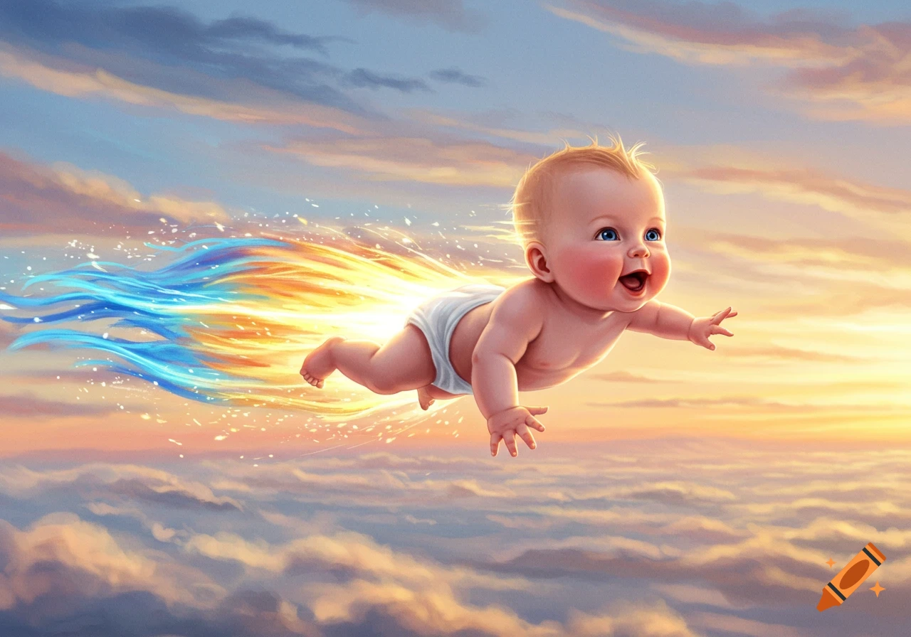 A joyful baby with blue eyes flies through a vibrant sunset sky, leaving a trail of blue and orange light.