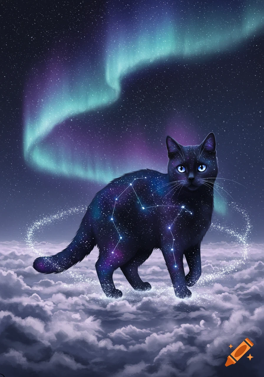 A black cat with galaxy patterns and blue eyes stands on white clouds under a starry night sky with a green and purple aurora.