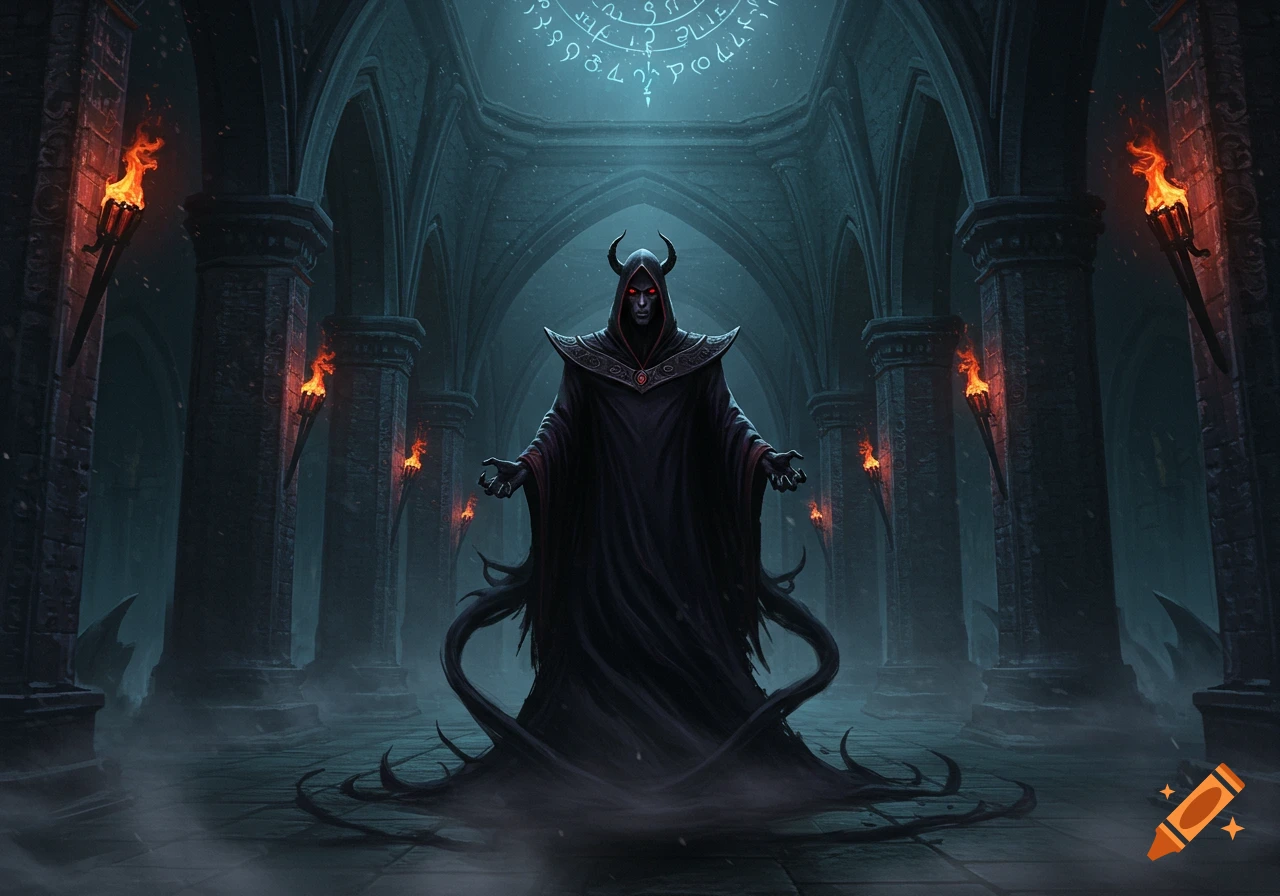 A dark horned lord with glowing red eyes and a black cloak stands in a gothic hall with torches, under a magical symbol. Digital art.