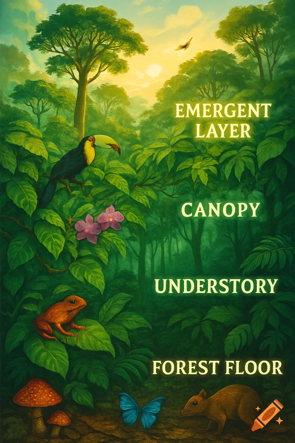 Vibrant illustration of a rainforest ecosystem showing its four layers, with a toucan, frog, butterfly, rodent, and mushrooms.