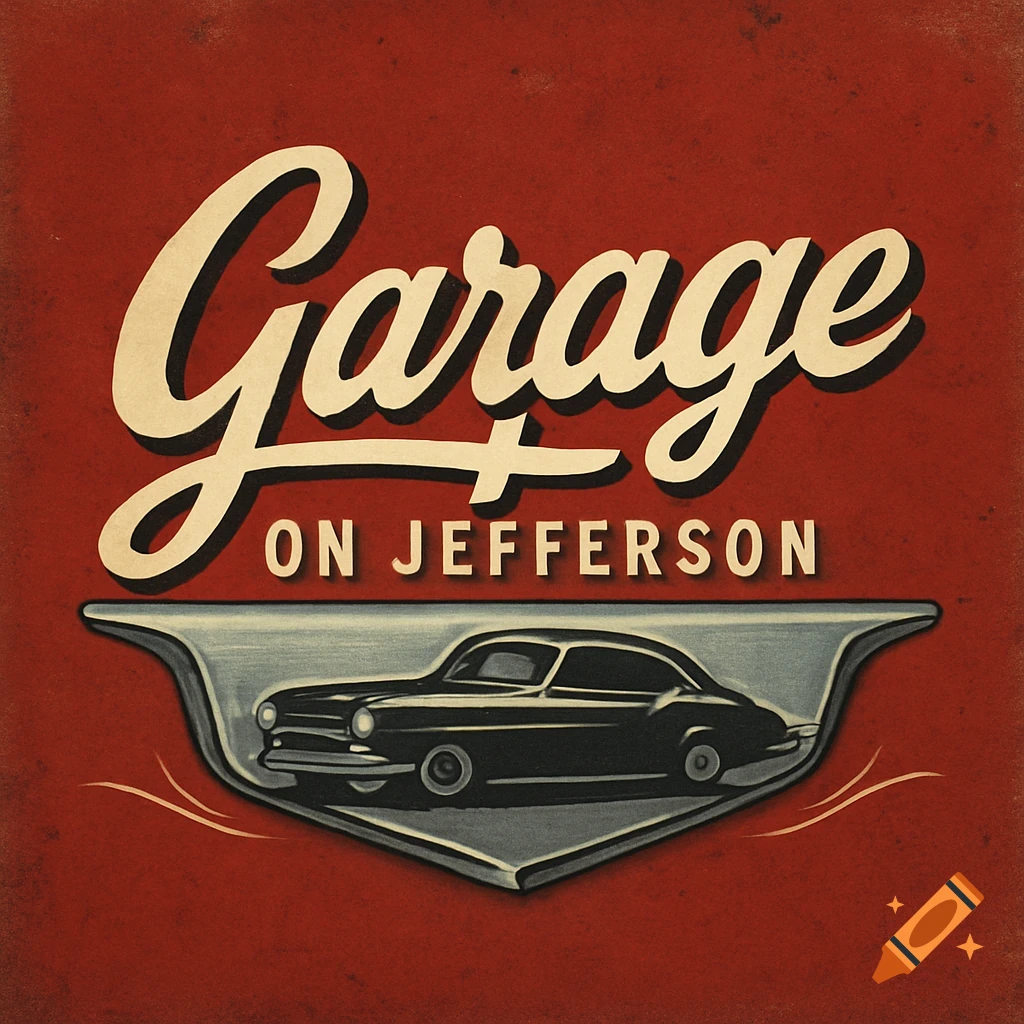 Vintage automotive logo for 'Garage on Jefferson' with a classic black car on a red distressed background.