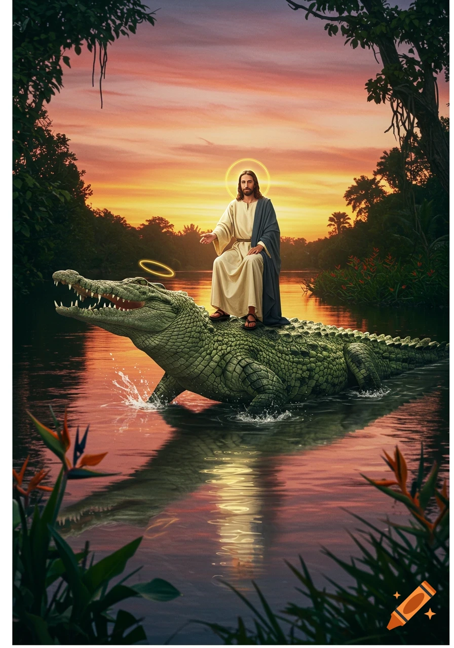 Jesus with a halo rides a large crocodile through a jungle river at sunset, rendered in a photorealistic style.