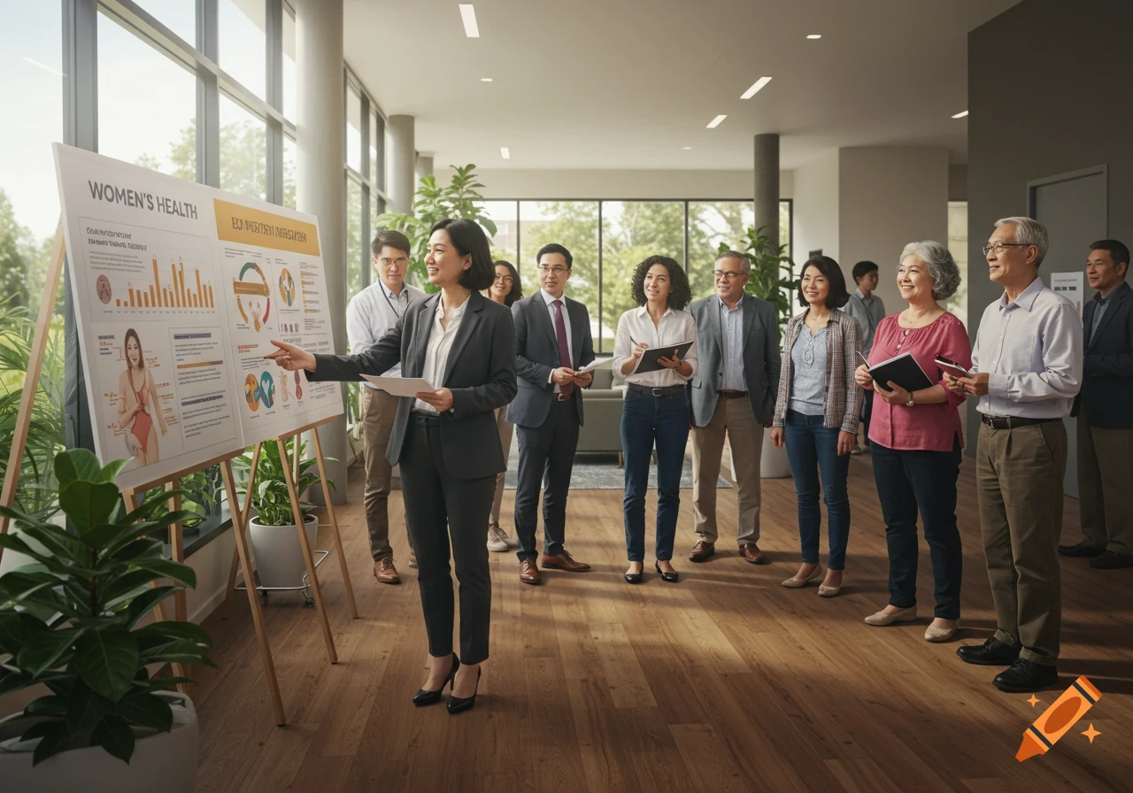Diverse professionals attend a 'Women's Health' presentation in a modern office, with a woman pointing at the display.