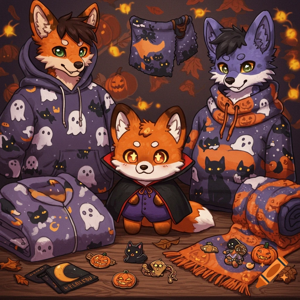 Two furry foxes in Halloween ghost hoodies, a small fox plush in a vampire cape, and spooky merch including blankets, pins, and a scarf.