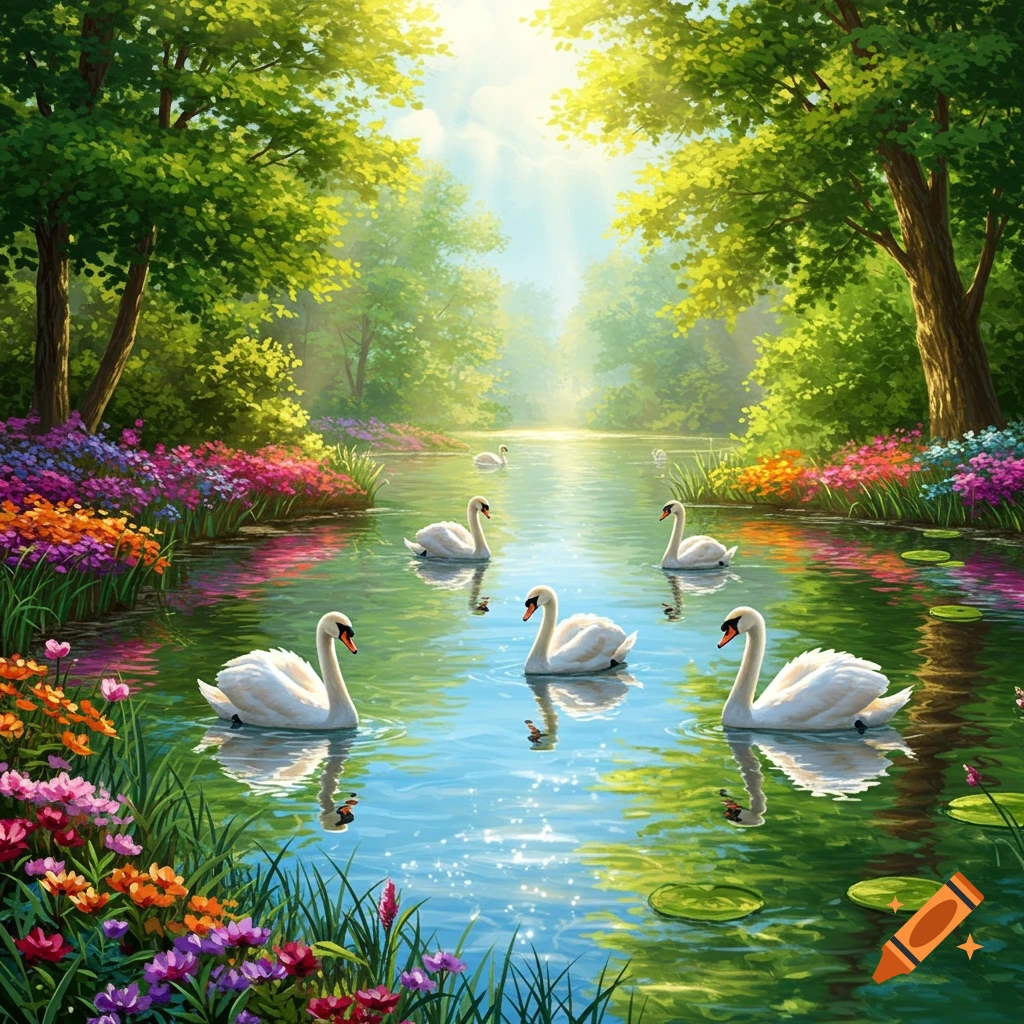 White swans swim on a sunlit river surrounded by lush green trees and vibrant colorful flowers in a beautiful stylized illustration.