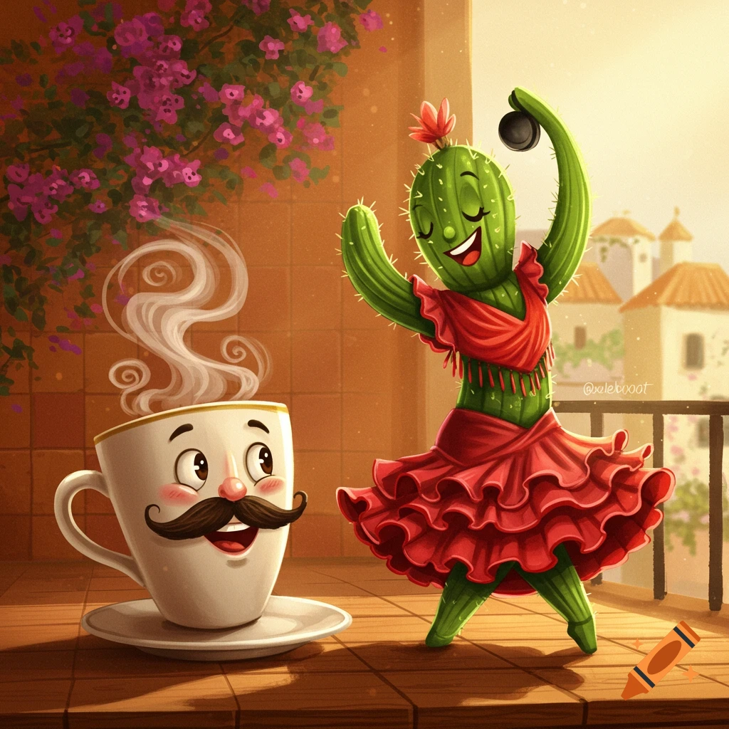 A vibrant cartoon illustration of a smiling coffee cup with a mustache next to a dancing cactus wearing a red flamenco dress on a sunny balcony.