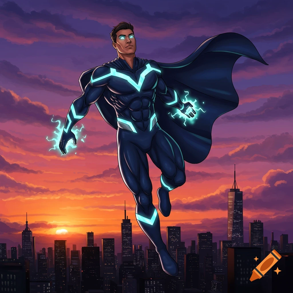 A male superhero in a dark suit with glowing blue accents and a cape flies above a city skyline at sunset in a comic art style.