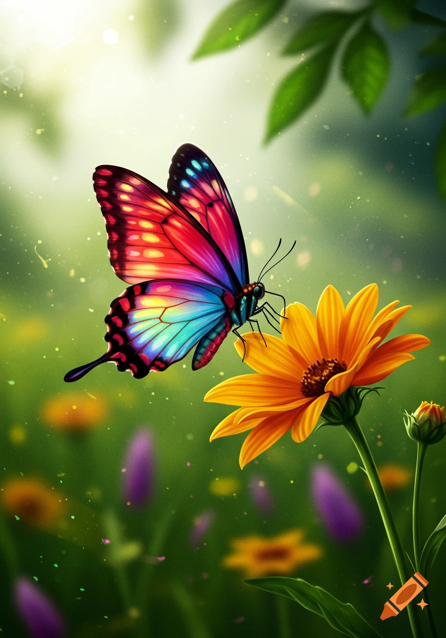 A vibrant rainbow butterfly with red, pink, blue, and yellow wings on a bright yellow flower in a soft green field.