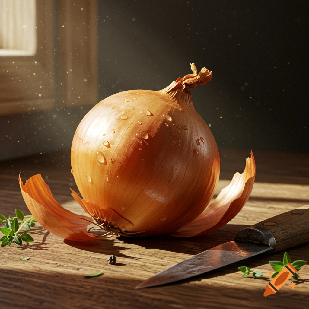 A photorealistic still life of a wet onion on a wooden board with a knife and herbs in dappled sunlight.