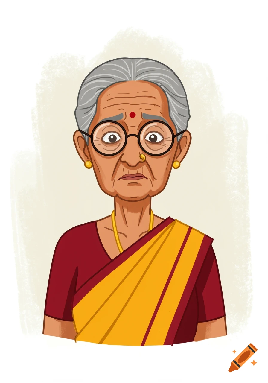 Cartoon portrait of an elderly Sri Lankan woman in a red and yellow saree, wearing glasses and looking confused.