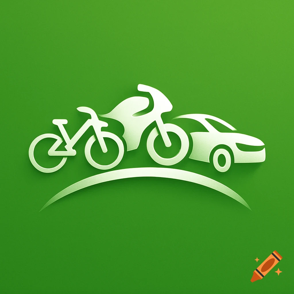 White stylized logo of a bicycle, motorcycle, and car on a vibrant green background.