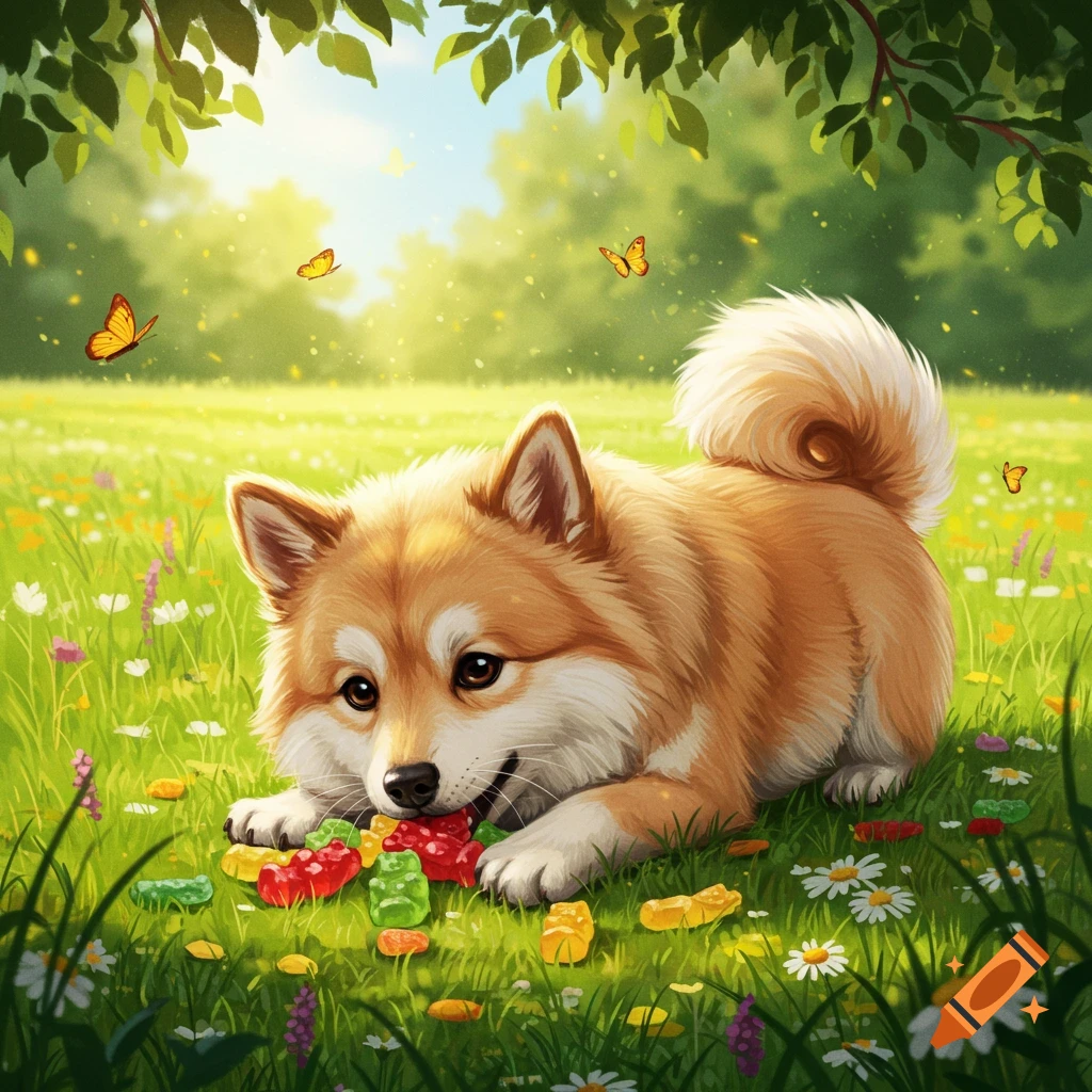 A cute fluffy dog lies in a sunny meadow, happily eating colorful gummy bears with butterflies around.