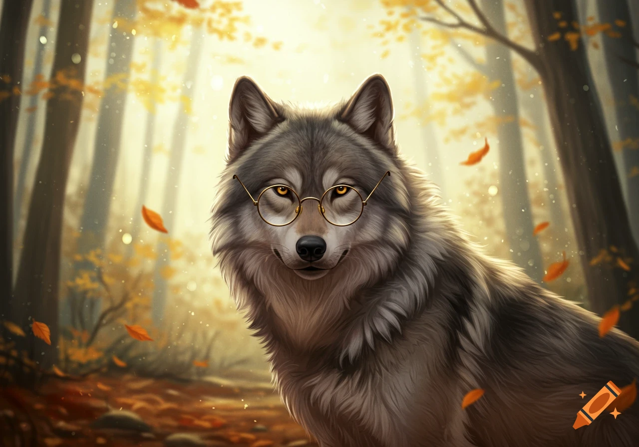A wise wolf with round glasses in a sunlit autumn forest with falling orange leaves, digital art style.