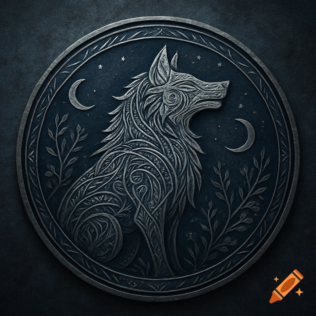 Embossed circular sigil featuring a stylized wolf, crescent moons, and stars on a dark background.