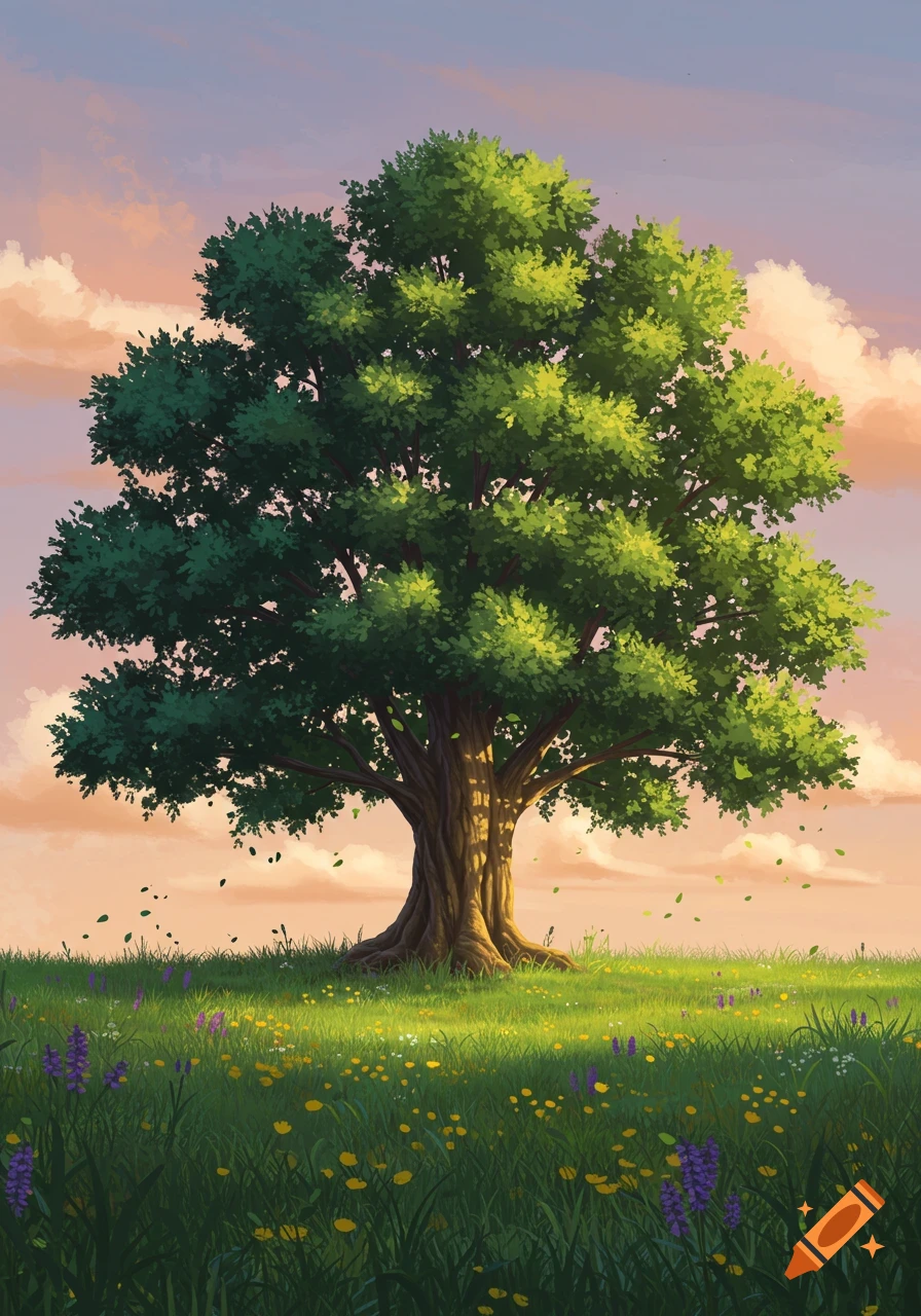A large green tree stands in a field of colorful wildflowers under a soft, pink and blue sky. Stylized illustration.