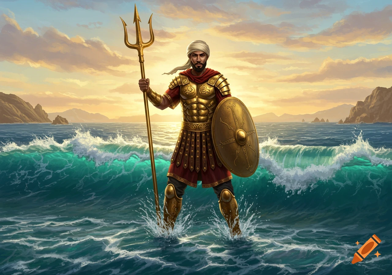 An Amazigh man in golden legionary armor, holding a trident and shield, stands in crashing Mediterranean waves under a sunset sky.