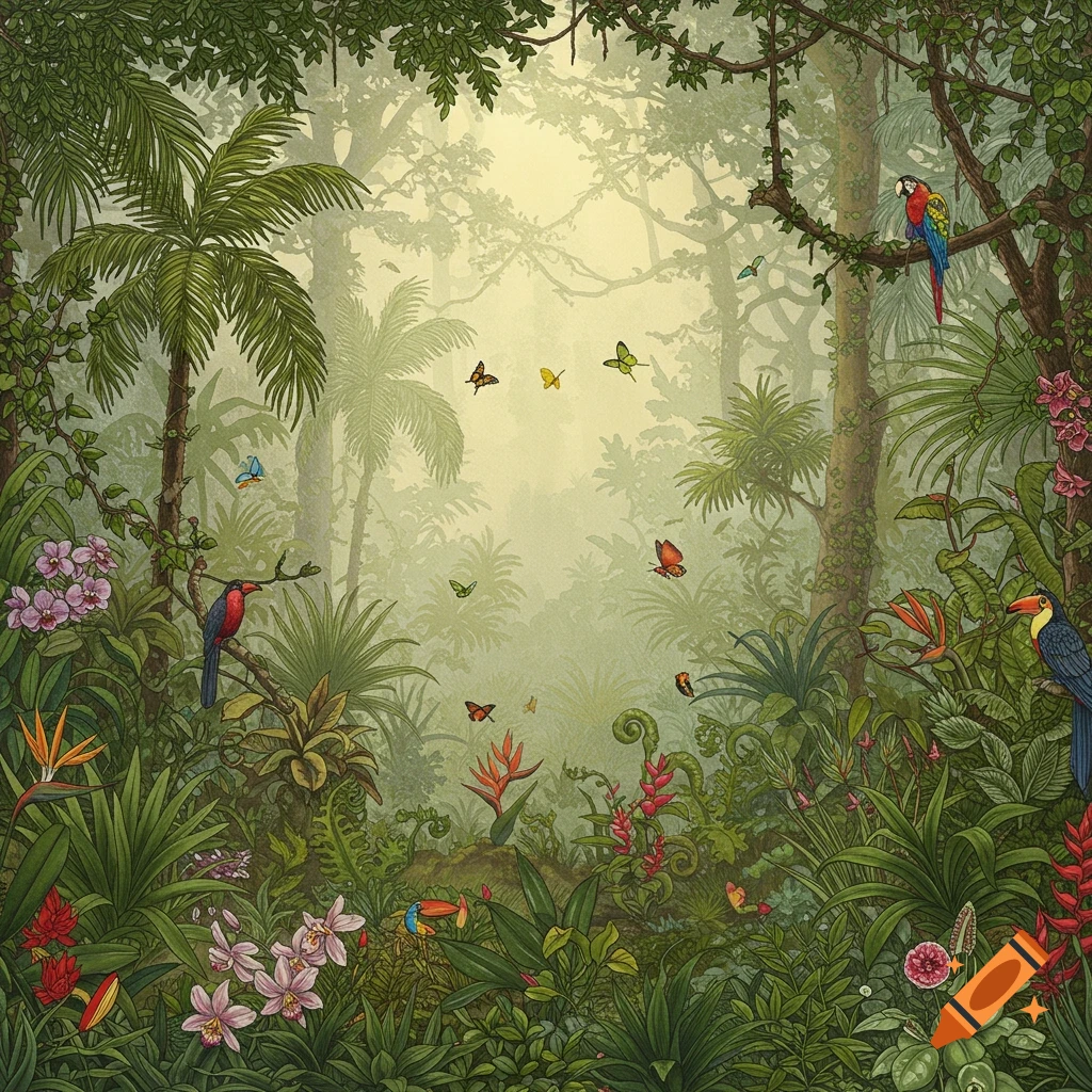 Detailed illustration of a vibrant jungle with lush foliage, exotic flowers, colorful birds, and butterflies.