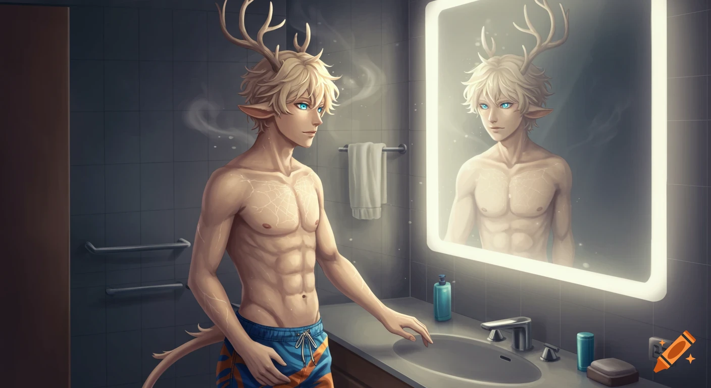 A shirtless blond anime satyr with antlers, elf ears, and a tail, wearing blue and orange swim trunks, looks at his reflection in a bathroom mirror.