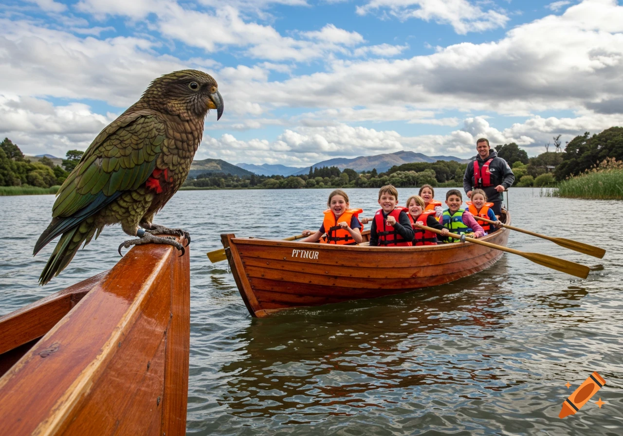 A photorealistic image of a kea bird sitting on a boat with smiling children and an adult rowing on a lake under a cloudy sky.