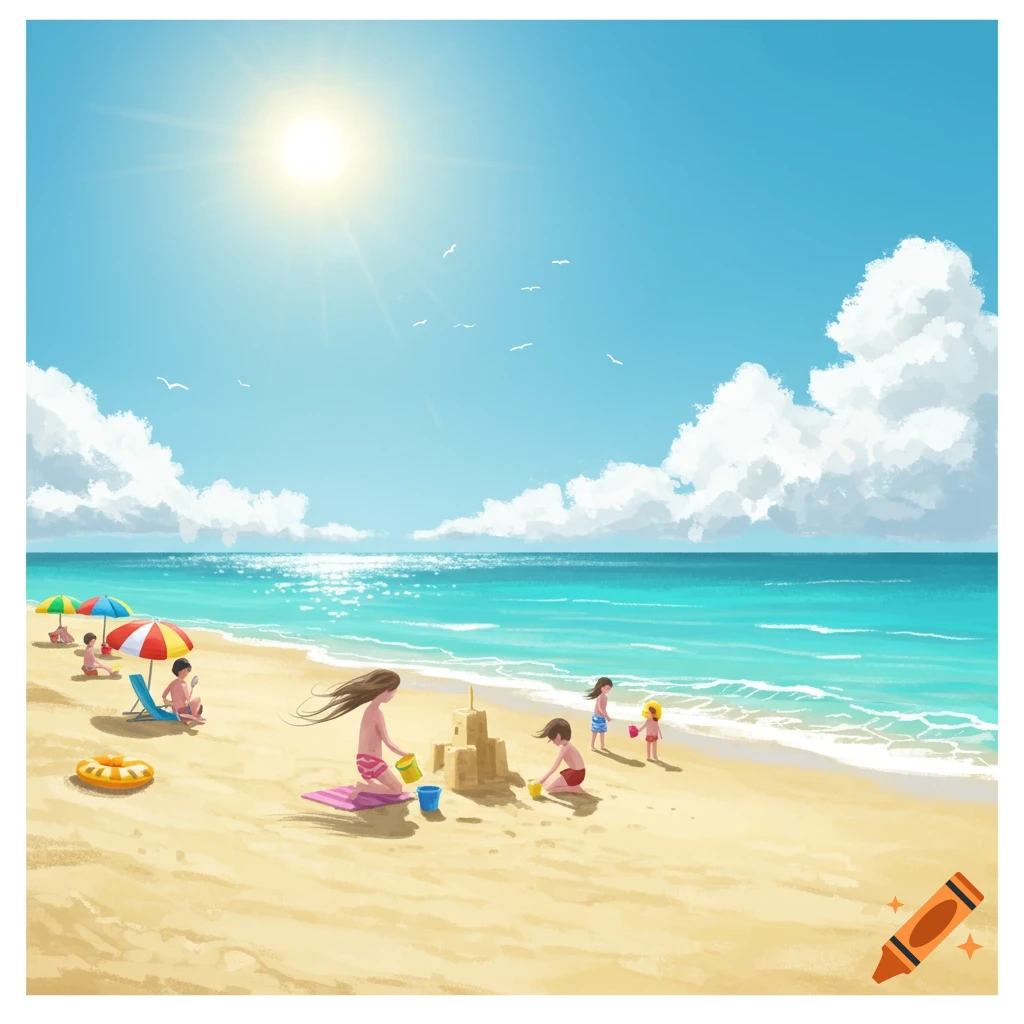 Illustrated summer beach scene with children playing in the sand, building sandcastles, and an adult relaxing under an umbrella.