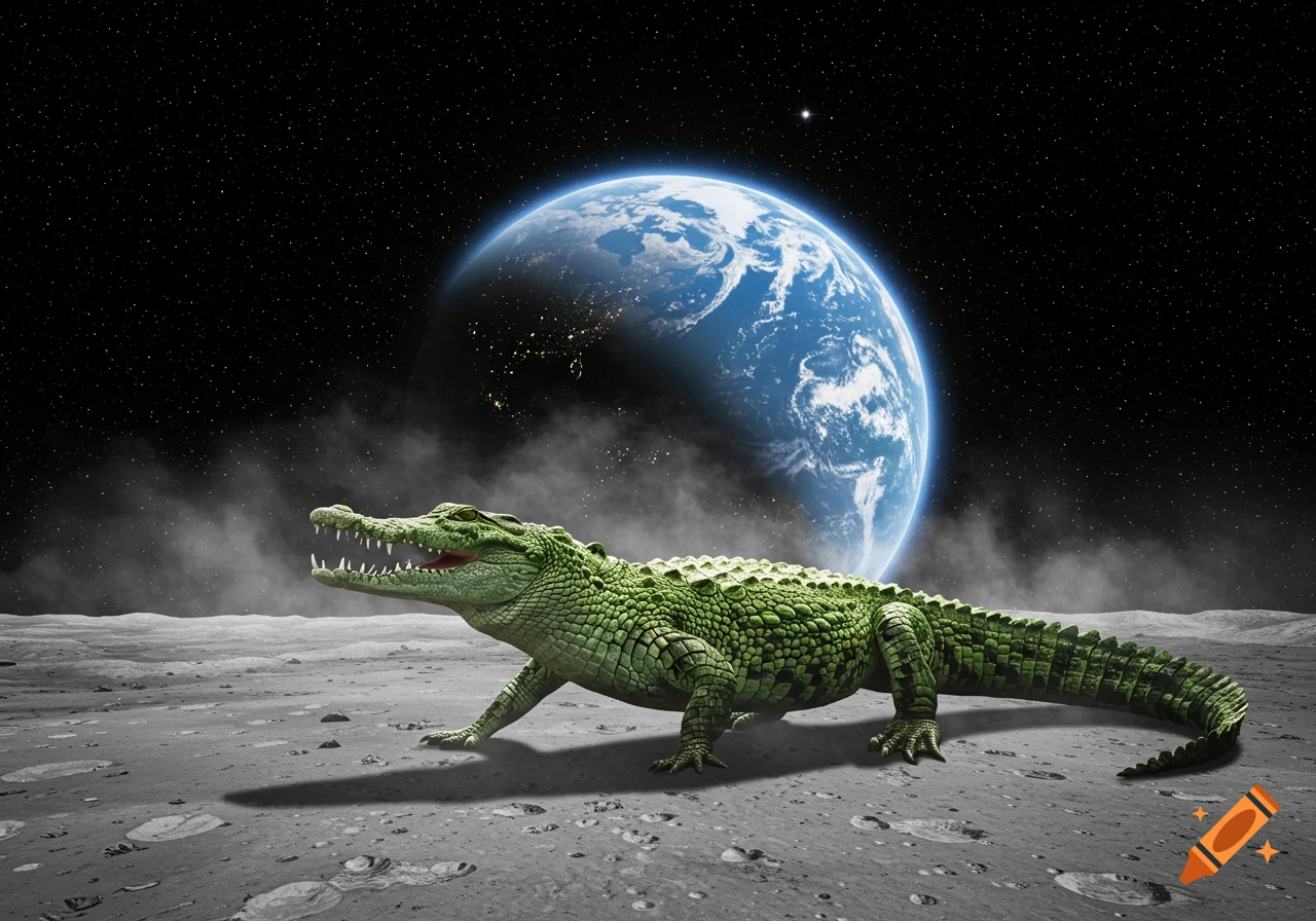 A photorealistic green crocodile stands on a cratered moon surface with Earth visible in the starry background.