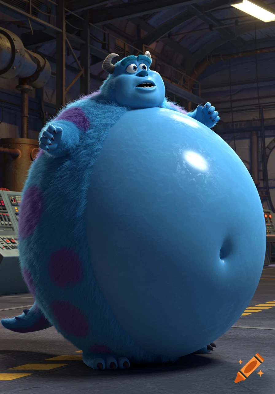Giant, inflated blue furry monster Sully with purple spots, bulging like a blueberry in a factory.