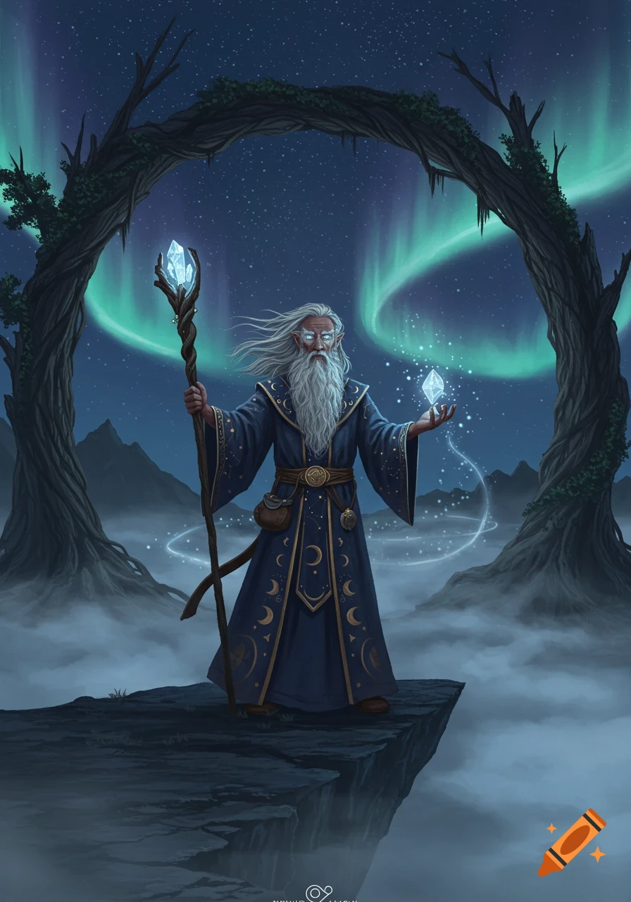 A wise wizard stands on a cliff, staff in hand, conjuring a crystal under a starry, aurora-lit night sky.