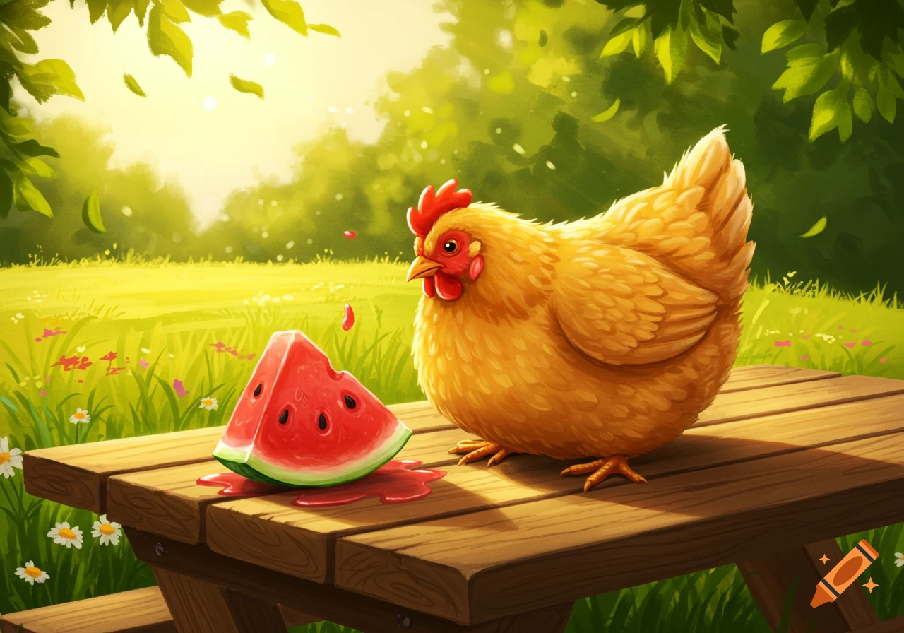A plump golden chicken next to a slice of watermelon on a picnic table in a sunny, green field with trees.