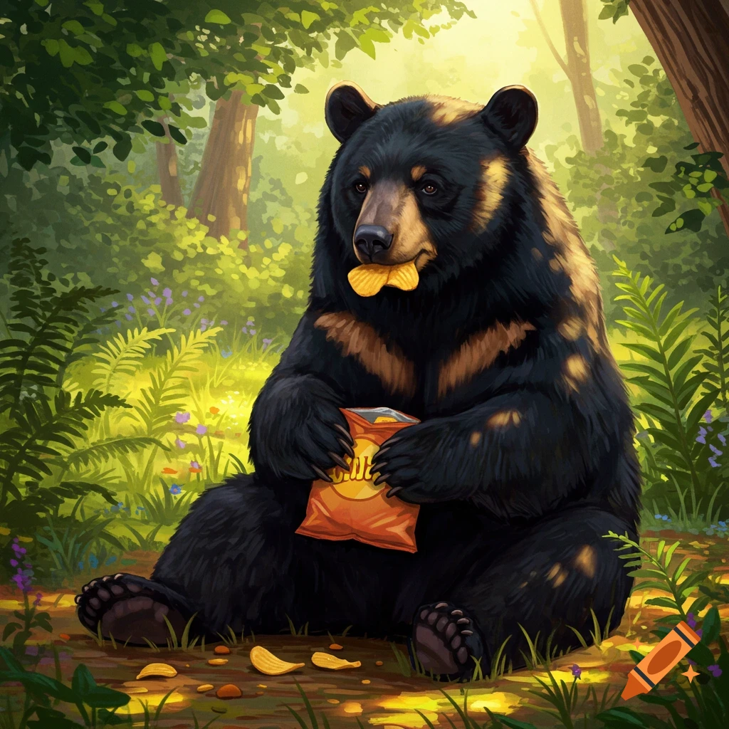 A detailed illustration of a black bear sitting in a sunlit forest, holding and eating potato chips from an orange bag.